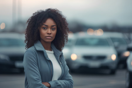 Beautiful african american woman with curly hairstyle, wearing a blue coat, standing on a city street.の素材