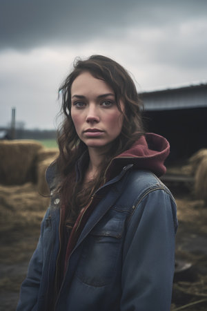 Portrait of a beautiful young brunette woman in the hayloftの素材