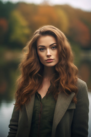 Portrait of a beautiful young woman with curly red hair in autumn park.の素材