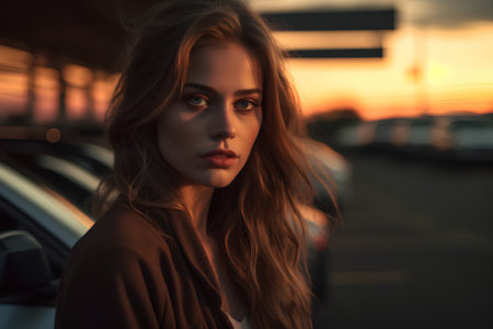 Beautiful young woman on the background of the car at sunset.の素材