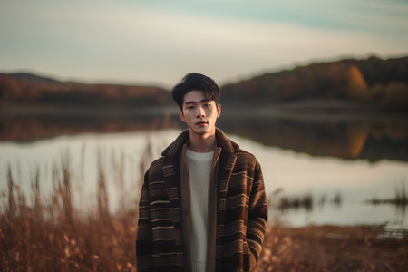 Young handsome Asian man in a plaid coat on the lake.の素材
