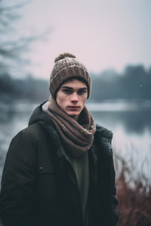 Portrait of a young man in winter clothes on a background of lakeの素材