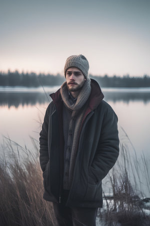 Portrait of a handsome young man with a beard in a hat and coat standing on the bank of a lake at sunsetの素材