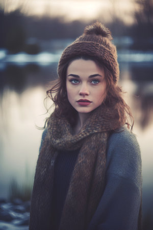 A portrait of a beautiful young woman in a hat and scarf outdoor.の素材