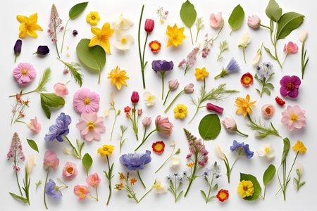 Flower composition. Spring flowers on white background. Flat lay, top viewの素材