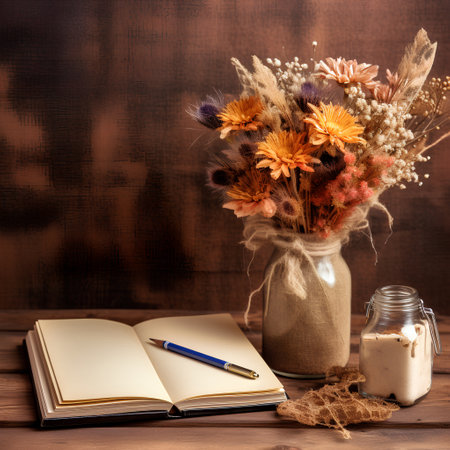 Dried flowers in vase, notebook and pen on wooden backgroundの素材