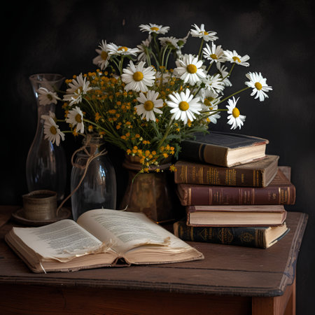 Bouquet of daisies and old books on a dark backgroundの素材