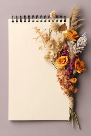 Bouquet of dried flowers with notepad on violet background. Flat lay, top viewの素材