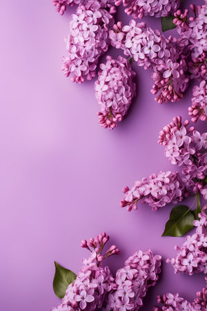 Flowers composition. Lilac flowers on purple background. Flat lay, top view, copy spaceの素材