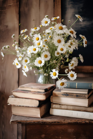 Vintage books with daisies in a vase on a wooden tableの素材