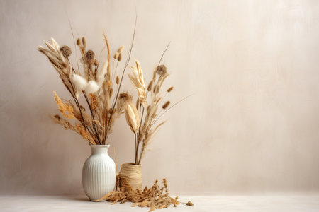 Bouquet of dried flowers in vase on beige backgroundの素材