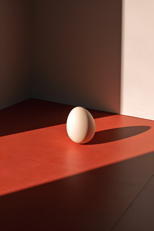3d rendering of a white egg on a red floor in a roomの素材