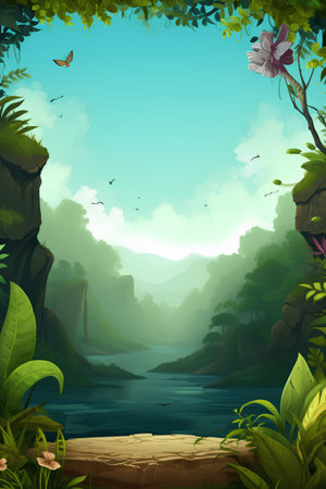 Nature background with river, forest and butterflies in the jungle. Vector illustrationの素材