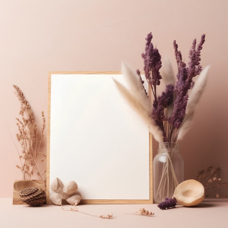 Wooden frame mockup with dried lavender flowers on pastel pink background.の素材