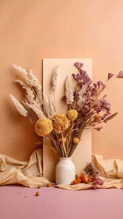 Bouquet of dried flowers in vase on beige backgroundの素材