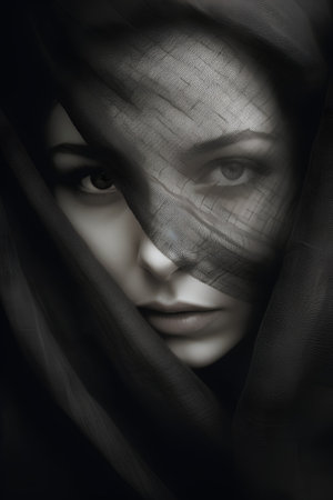Portrait of a beautiful girl with a veil over her face.の素材