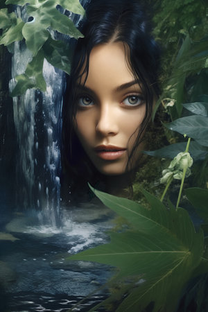 Beautiful young woman surrounded by tropical greenery and a waterfall.の素材