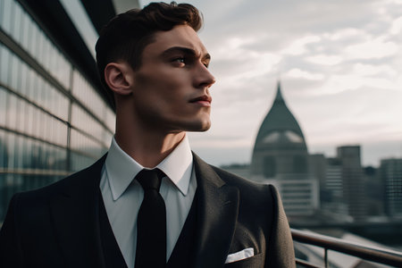 Portrait of a handsome young man in a business suit on the background of a skyscraperの素材
