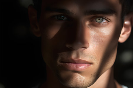 Close-up portrait of a handsome young man with dark eyes.の素材