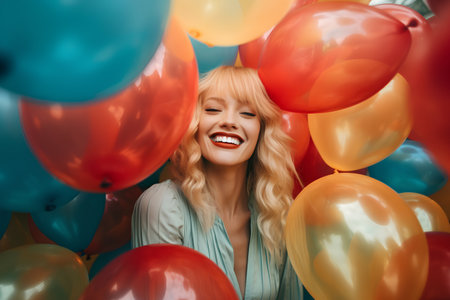Portrait of a beautiful blonde girl with colorful balloons on a background.の素材