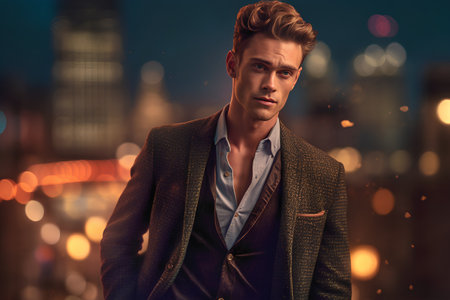 Portrait of a handsome young man in the city. Men's beauty, fashion.の素材