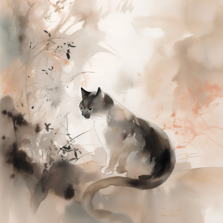 Watercolor sketch of a cat on a background of autumn leaves.の素材