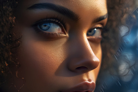 Close up portrait of a beautiful african american woman with blue eyesの素材