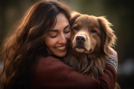 Beautiful young woman hugging her dog in the park at sunset.の素材