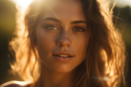 Portrait of a beautiful young woman in the rays of the setting sunの素材