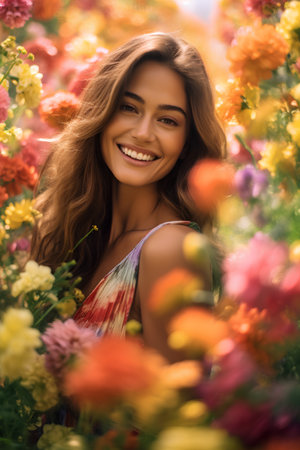 Portrait of a beautiful young woman in a field of flowers.の素材