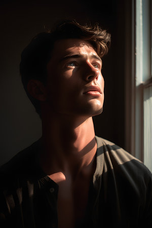 Portrait of a handsome young man in a dark room. Men's beauty, fashion.の素材