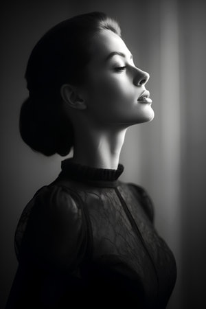 Black and white portrait of beautiful young woman with closed eyes looking awayの素材