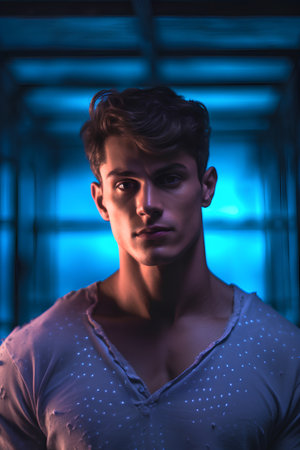 Portrait of a handsome young man in a dark room with neon light.の素材