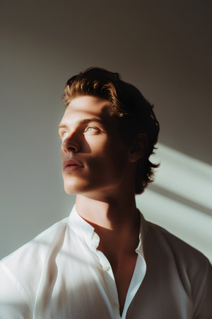 Portrait of a handsome young man in a white shirt. Men's beauty, fashion.の素材