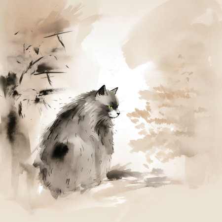 Watercolor sketch of a cat sitting on the grass in the forest.の素材