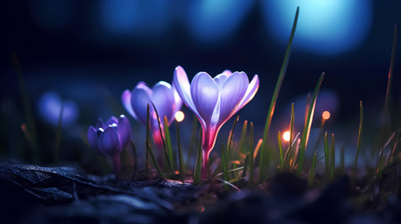 Purple crocus flowers in the forest at night. Spring.の素材