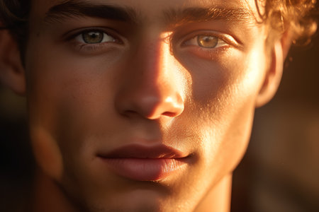 Close-up portrait of a young man in the rays of lightの素材