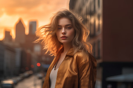 Portrait of a beautiful young woman with long curly hair in the city at sunsetの素材