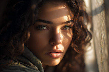 Portrait of a beautiful young brunette woman with curly hair.の素材