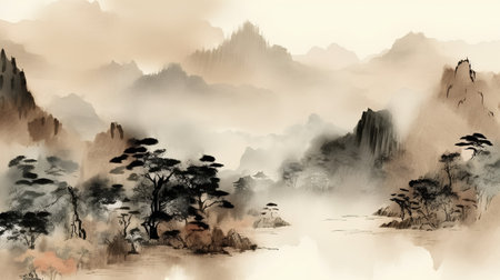 Landscape with trees and fog in the morning. Digital painting.の素材