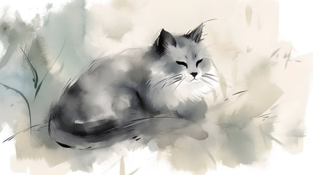 Watercolor sketch of a cat on a white background. Hand-drawn illustrationの素材