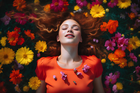 Portrait of a beautiful young woman with red hair in a field of flowers.の素材