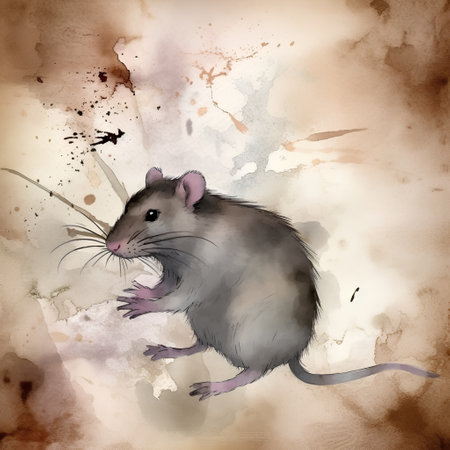 mouse on a grunge background with watercolor splashes and stainsの素材