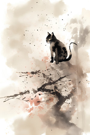 Illustration of a black cat sitting on a branch with watercolor splashesの素材