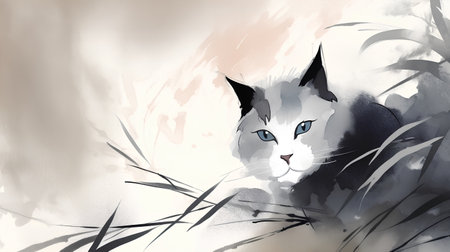 Watercolor illustration of a cat on a background of dry grass.の素材
