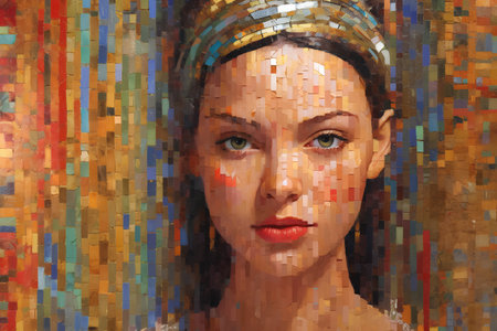 Portrait of a beautiful woman with bright make-up and multicolored mosaicの素材