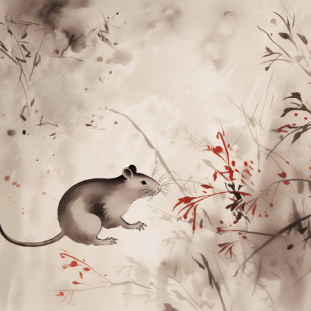mouse and autumn leaves on a grunge background, watercolor illustrationの素材
