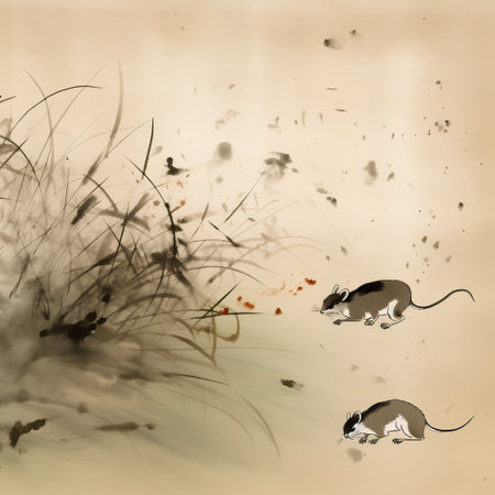 mouse on the background of the grass, hand-drawing illustrationの素材