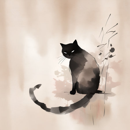 Watercolor silhouette of a black cat on a watercolor background.の素材