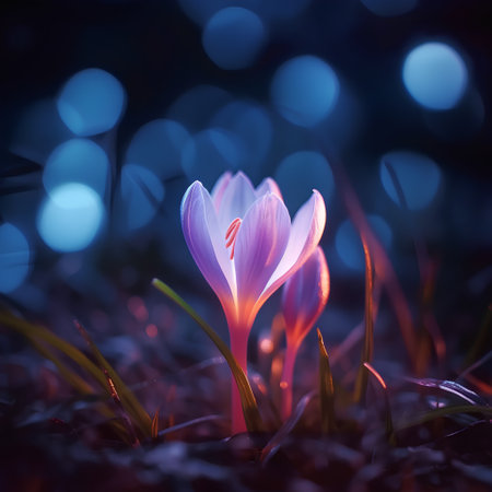 Beautiful crocus flowers in the forest. Spring nature background.の素材
